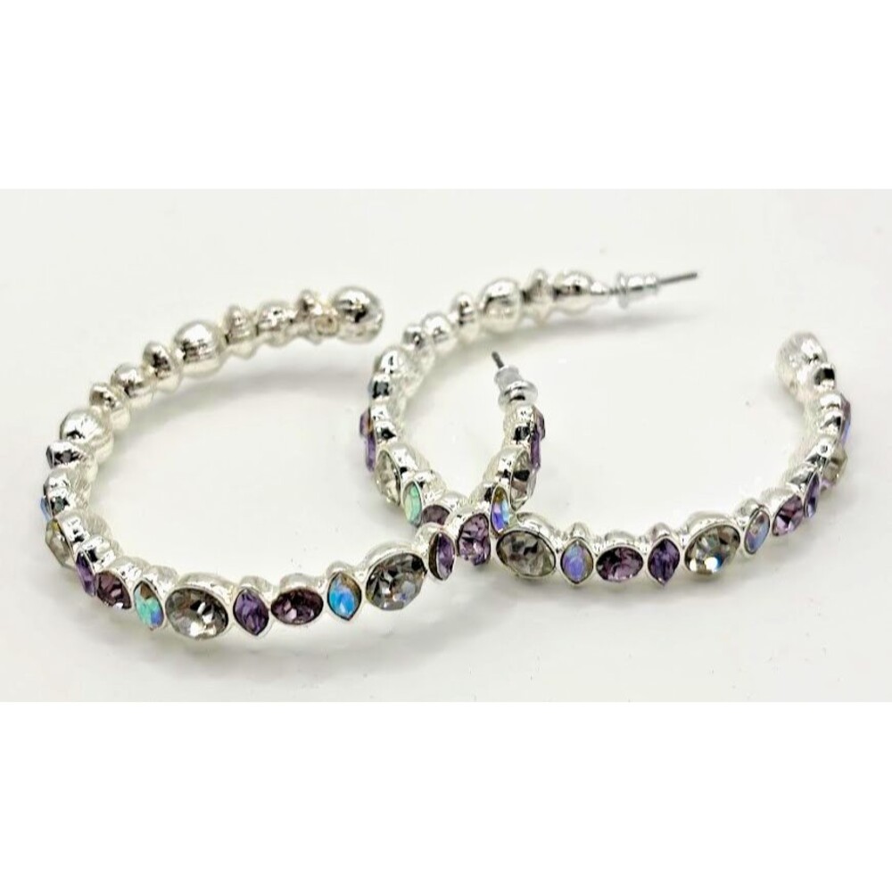 Avon Studio 1886 Purple Multicolor Crystal Hoop Earrings Silvertone Pierced 2"